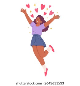 Jovem alegre pulando de amor. Vetor plano cartoon de menina feliz cercado por corações e brilhos expressando emoção e emoções positivas. Isolado sobre fundo branco