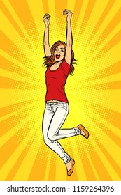 Joyful young woman jumping up. Pop art retro vector illustration kitsch vintage