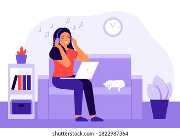 Joyful young woman listening to music at home using headphones. Music enjoyment, music therapy. Happy girl with headphones is resting at home. Vector illustration