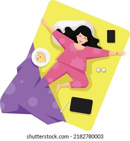 Joyful young woman lying on bed with pizza, mobile phone and glasses. Concept of happy sleeping, bed time and morning wake up. top view, vector illustration