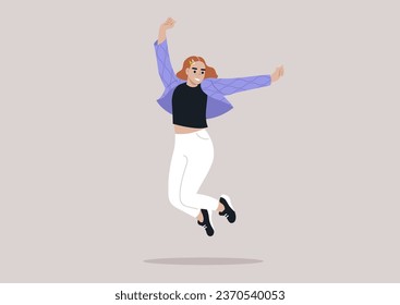 A joyful young woman in a quilted jacket adorned with wave patterns, jumping with her arms raised high above her head