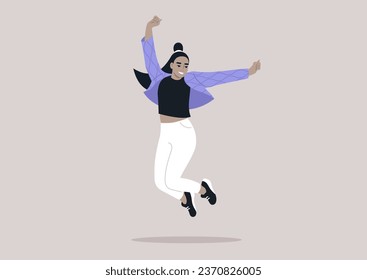 A joyful young woman in a quilted jacket adorned with wave patterns, jumping with her arms raised high above her head