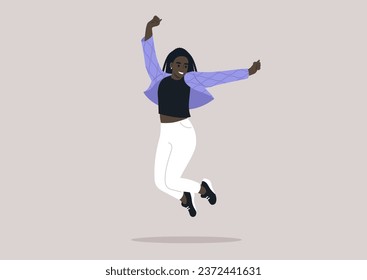 A joyful young woman in a quilted jacket adorned with wave patterns, jumping with her arms raised high above her head