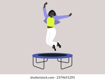 A joyful young woman in a quilted jacket adorned with wave patterns, jumping with her arms raised high above her head on a trampoline