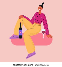 Joyful young woman sits with a glass and wine. Rest at home.
Trendy colorful vector illustration.