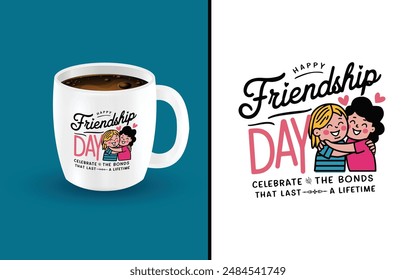 Vector de relaciones juveniles alegres: ilustración de arte Abstractas de amigos felices y amor con tipografía festiva, tazas de café y Formas de corazón - Diseño creativo para la celebración del día de la amistad