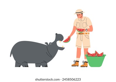 Ein fröhlicher Tierpfleger füttert ein glückliches Nilpferd mit Wassermelone. Vektorillustration in einem minimalistischen Stil mit einem verspielten Ton.