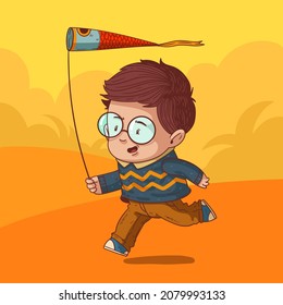 Joyfull little boy flying his new kite. Cute vector illustration of enthusiastic boy in spectacles running towards the wind catching the air with his new flying net toy. Child character, hipster kid