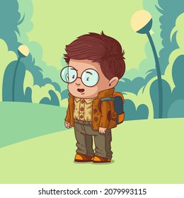 Joyfull schoolboy after lessons. Cute vector illustration of enthusiastic boy in spectacles with a schoolbag ready to go home after school. Happy child character, hipster kid