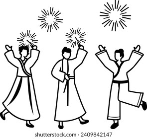 Joyfully lighting firecrackers vector design, Chinese New Years Eve symbol, Year of the Dragon sign China Spring Festival scene stock, People Having Fun and Dance for upcoming year Party Night concept