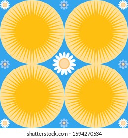 Joyfully spring sunny floral pattern of forget me nots, daisies and suns on a sky blue background. Flat vector illustration.