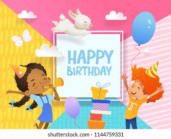 Joyous African-American Boy and girl in birthday hats happily jump. Vector Illustration of a Happy Birthday Greeting Card with balloons, cute rabbits, a bunch of presents on the background.
