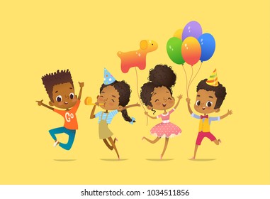 Joyous African-American boys and girls with the balloons and birthday hats happily jumping with their hands up. Birthday party Vector illustration for website banner, poster, flyer, invitation.