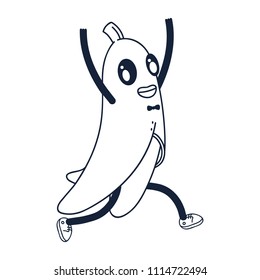 A joyous banana in a dress coat with a bow tie joyfully steps up his arms. Cartoon Line Art Vector Illustration. Cute Fruit Character. Coloring Book Page.