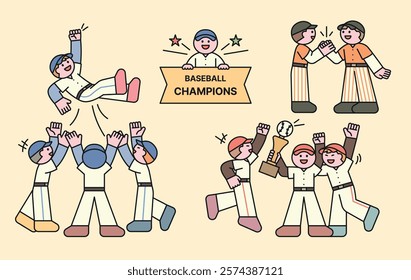 a joyous baseball championship celebration with players showcasing their excitement and unity. The scene features various moments of victory, a champion trophy, and friends congratulating.