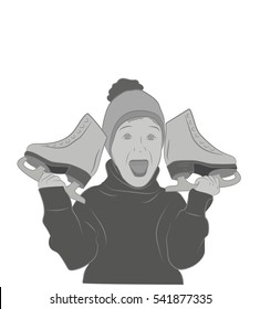 joyous boy holding a skate. vector illustration.