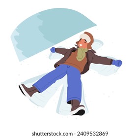 Joyous Boy Lies In Freshly Fallen Snow, Limbs Outstretched, Creating A Snow Angel. Laughter Echoes As He Leaves A Whimsical Imprint In The Glistening Winter Canvas. Cartoon People Vector Illustration