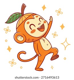 A joyous cartoon monkey character in an orange fruit hat playfully dancing and celebrating