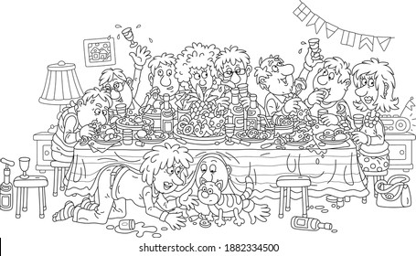 Joyous celebration with funny, noisy and slightly drunk guests at festive tableful of various drinks and tasty food, black and white outline vector cartoon illustration