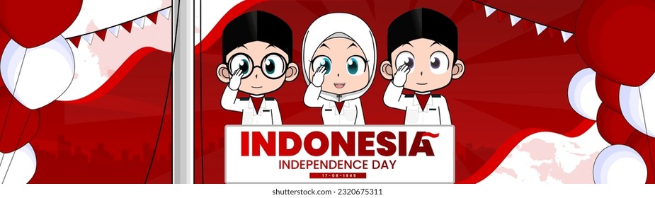 The joyous celebration of Indonesia's Independence Day by two young men and one young woman. It serves as a versatile asset for various purposes such as web design, posters, campaigns, and more.