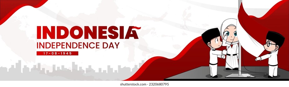 The joyous celebration of Indonesia's Independence Day by two young men and one young woman. It serves as a versatile asset for various purposes such as web design, posters, campaigns, and more.