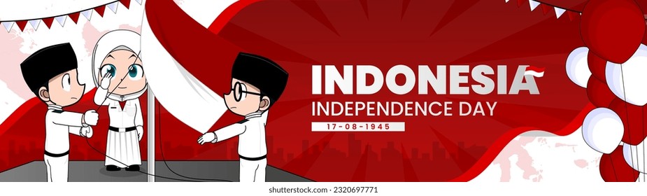 The joyous celebration of Indonesia's Independence Day by two young men and one young woman. It serves as a versatile asset for various purposes such as web design, posters, campaigns, and more.