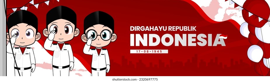 The joyous celebration of Indonesia's Independence Day by two young men and one young woman. It serves as a versatile asset for various purposes such as web design, posters, campaigns, and more.