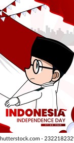 The joyous celebration of Indonesia's Independence Day by young men raising the flag. It serves as a versatile asset for various purposes such as web design, posters, campaigns, and more.