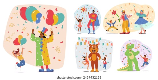 Joyous Children Character At A Festive Party With Entertainers Dressed As Superheroes, Animals, And Clowns, Engaging In Fun Activities, Surrounded By Balloons And Confetti. Cartoon Vector Illustration