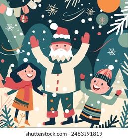 A joyous Christmas card scene unfolds in this flat vector illustration. Santa Claus, with a booming laugh, throws his head back as he plays with a group of excited children. 