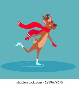 joyous Christmas reindeer ice skating vector illustration