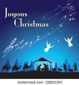 Joyous Christmas. Vector illustration the traditional Christian Christmas Nativity scene.