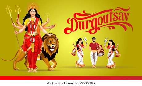 






Joyous Durgoutsav Goddess Durga with Eight Arms Riding a Lion Trident and Lotus Symbols Family Celebrating with Dhol and Dance Highlighting the Festivals Spirit






