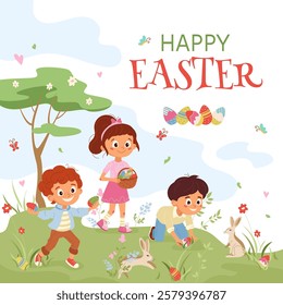 Joyous Easter card with children and bunnies. Vibrant vector design with boy and girl characters, perfect for print, party invites, flyers, banners and post. Capturing excitement of an Easter egg hunt