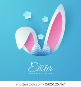 Joyous Easter holiday featuring eggs, rabbit ears, and flowers against a vibrant backdrop and paper style. Suitable for greeting cards or party invitations.