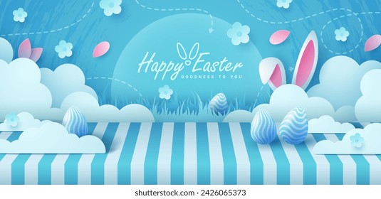 Alegres vacaciones de Pascua con huevos, orejas de conejo, nubes y flores en un fondo vibrante y estilo de papel. Adecuado para tarjetas de felicitación o invitaciones a fiestas.