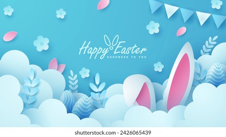 Alegres vacaciones de Pascua con huevos, orejas de conejo, nubes y flores en un fondo vibrante y estilo de papel. Adecuado para tarjetas de felicitación o invitaciones a fiestas.