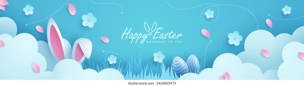 Alegres vacaciones de Pascua con huevos, orejas de conejo, nubes y flores en un fondo vibrante y estilo de papel. Adecuado para tarjetas de felicitación o invitaciones a fiestas.