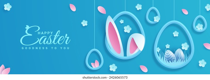 Alegres vacaciones de Pascua con huevos, orejas de conejo y flores en un fondo vibrante y estilo de papel. Adecuado para tarjetas de felicitación o invitaciones a fiestas.