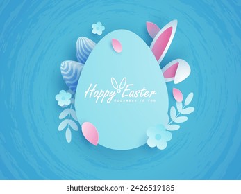 Alegres vacaciones de Pascua con huevos, orejas de conejo y flores en un fondo vibrante y estilo de papel. Adecuado para tarjetas de felicitación o invitaciones a fiestas.