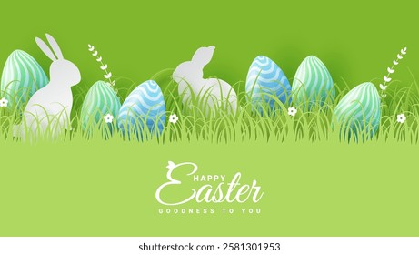 Joyous Easter holiday featuring eggs, rabbit ears, and flowers against a vibrant backdrop and paper style. Suitable for greeting cards or party invitations.