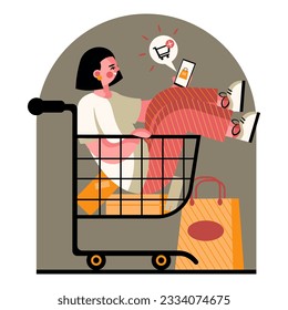 Joyous girl purchasing goods in Internet store. Buyer involved in virtual shopping. Electronic commerce benefits. Process of making purchases online. Flat vector illustration