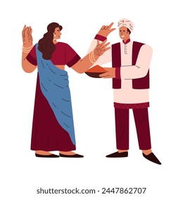 Joyous Indian wedding dance. Vector illustration of a bride and groom in vibrant traditional clothing, engaging in a spirited dance, hands decorated with intricate henna designs.