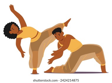 Joyous Little Boy And Girl Characters Twirl Gracefully, Mirroring The Enchanting Rhythm Of An Arab Dance, Their Laughter Echoing The Lively Beats Of Cultural Celebration. Cartoon Vector Illustration