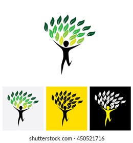 joyous lively person as tree - concept vector logo icon. This graphic also represents joy and merry, enthusiasm and fun, lively spirited person