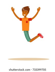 Joyous man jumping with raised arms. Stock flat vector illustration.