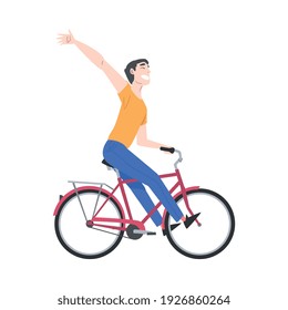 Joyous Man Riding Bicycle and Waving Hand Enjoying Vacation or Weekend Activity Vector Illustration