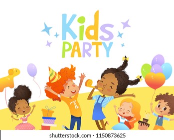 Joyous Multiracial kids in birthday hats and balloons happily jump. Cute rabbits, a bunch of presents on the background. Vector Illustration of a Happy Birthday Greeting Card or invitation flyer