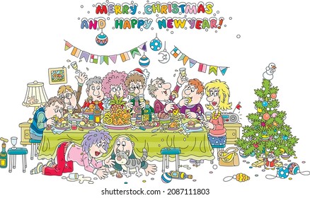 Joyous New Year celebration with a decorated Christmas tree, funny, noisy and slightly drunk guests at festive table of various drinks and tasty food, vector cartoon illustration isolated on white