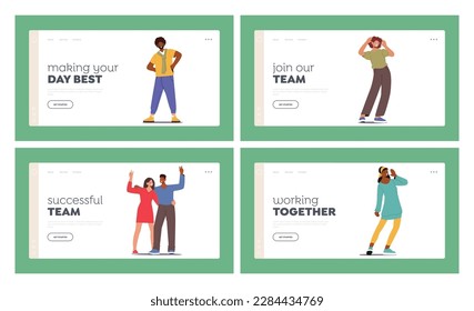 Joyous People Landing Page Template Set. Characters with Faces Beaming With Happiness And Excitement. Celebratory Atmosphere Event, Social Gathering Or Festive Occasion. Cartoon Vector Illustration